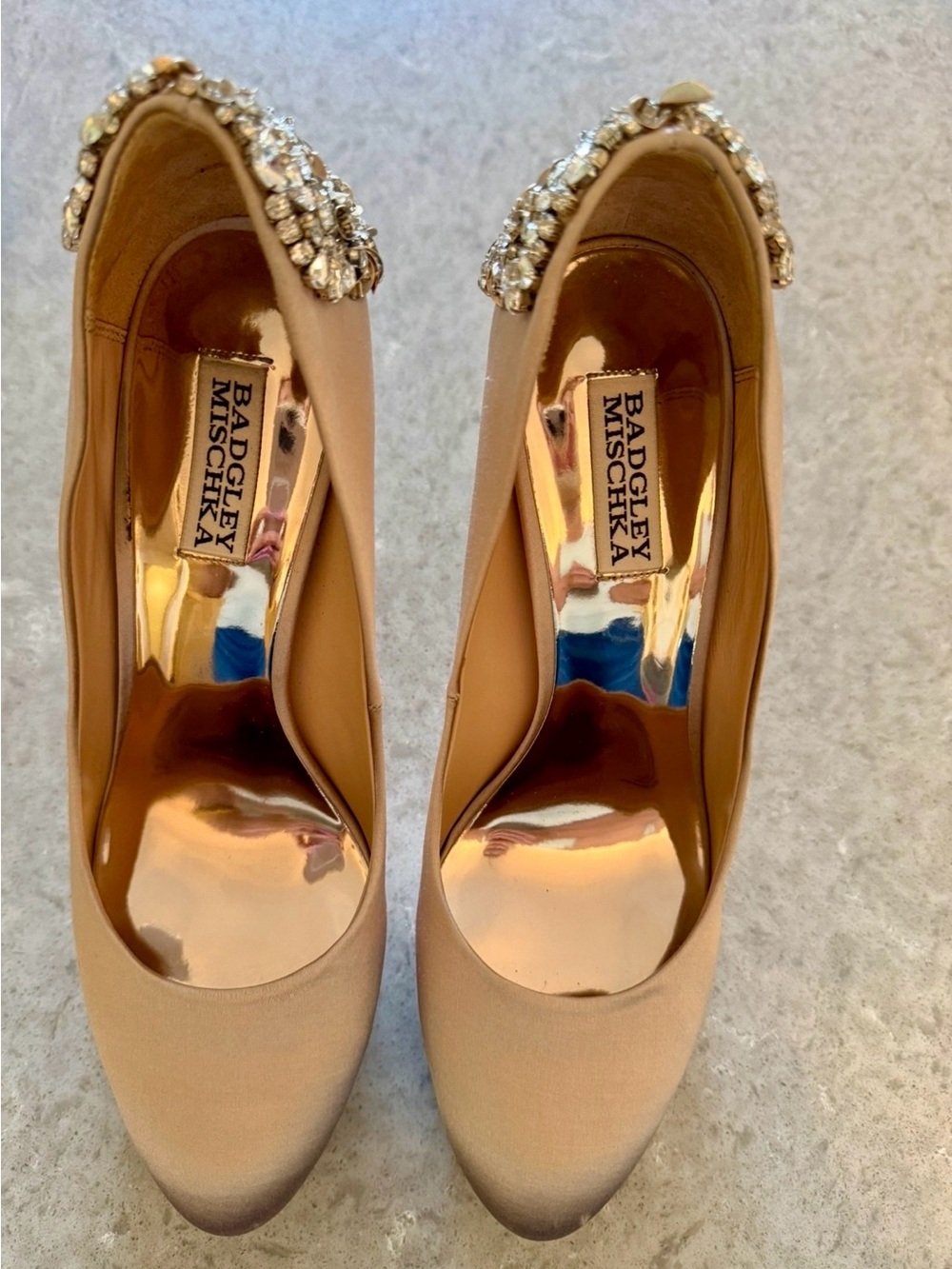 Badgley Mischka Nude Blush Satin Jeweled Pointed Pumps